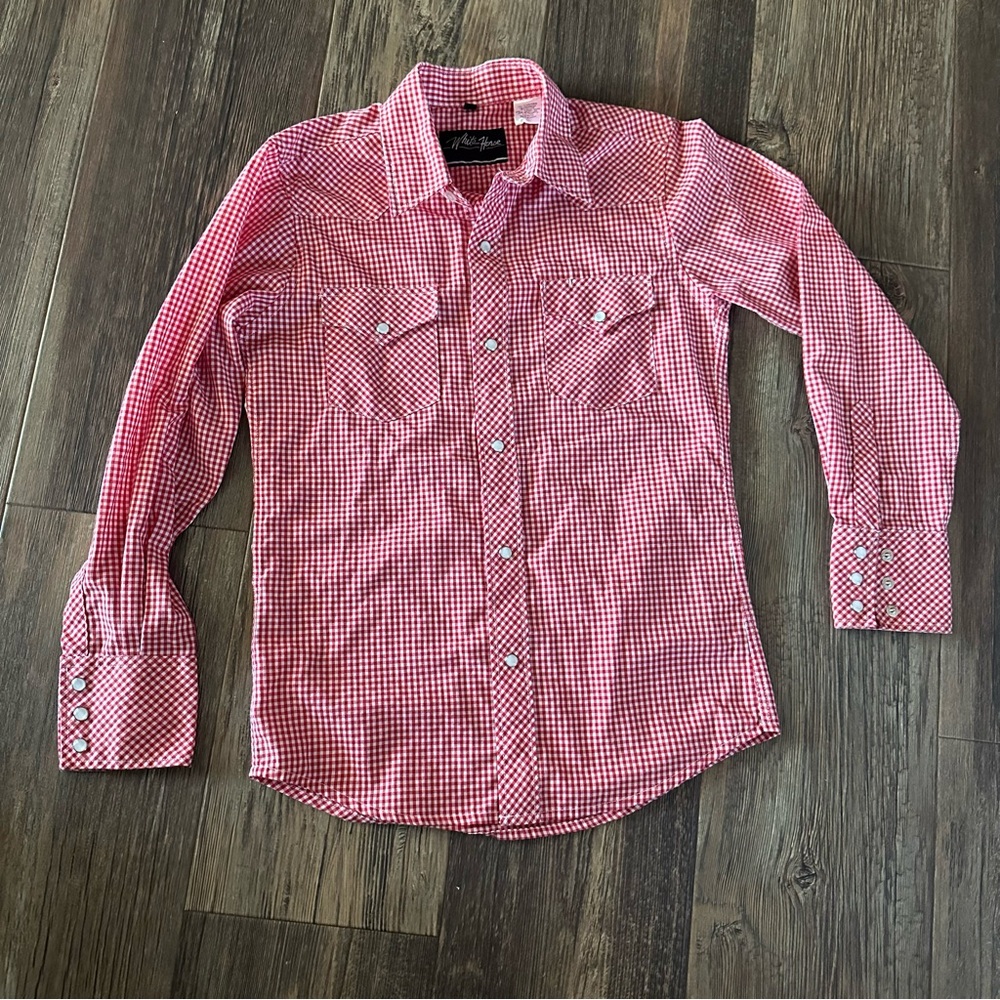 White Horse red and white gingham check pearl snap western shirt youth L boys